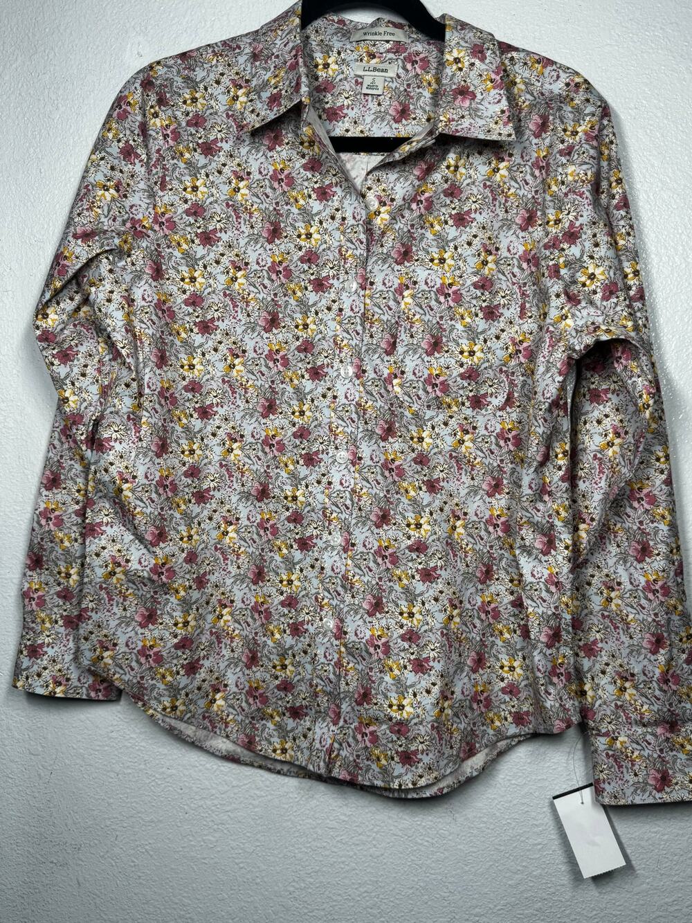 L.L. Bean Button Shirt Top Blue Red Yellow Floral Collared Long Sleeve Sz SP